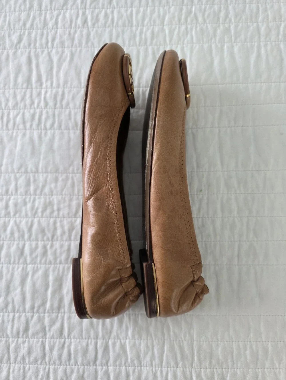 Tory Burch Multi Logo Tan Leather Reva Ballet Flats Size 9
